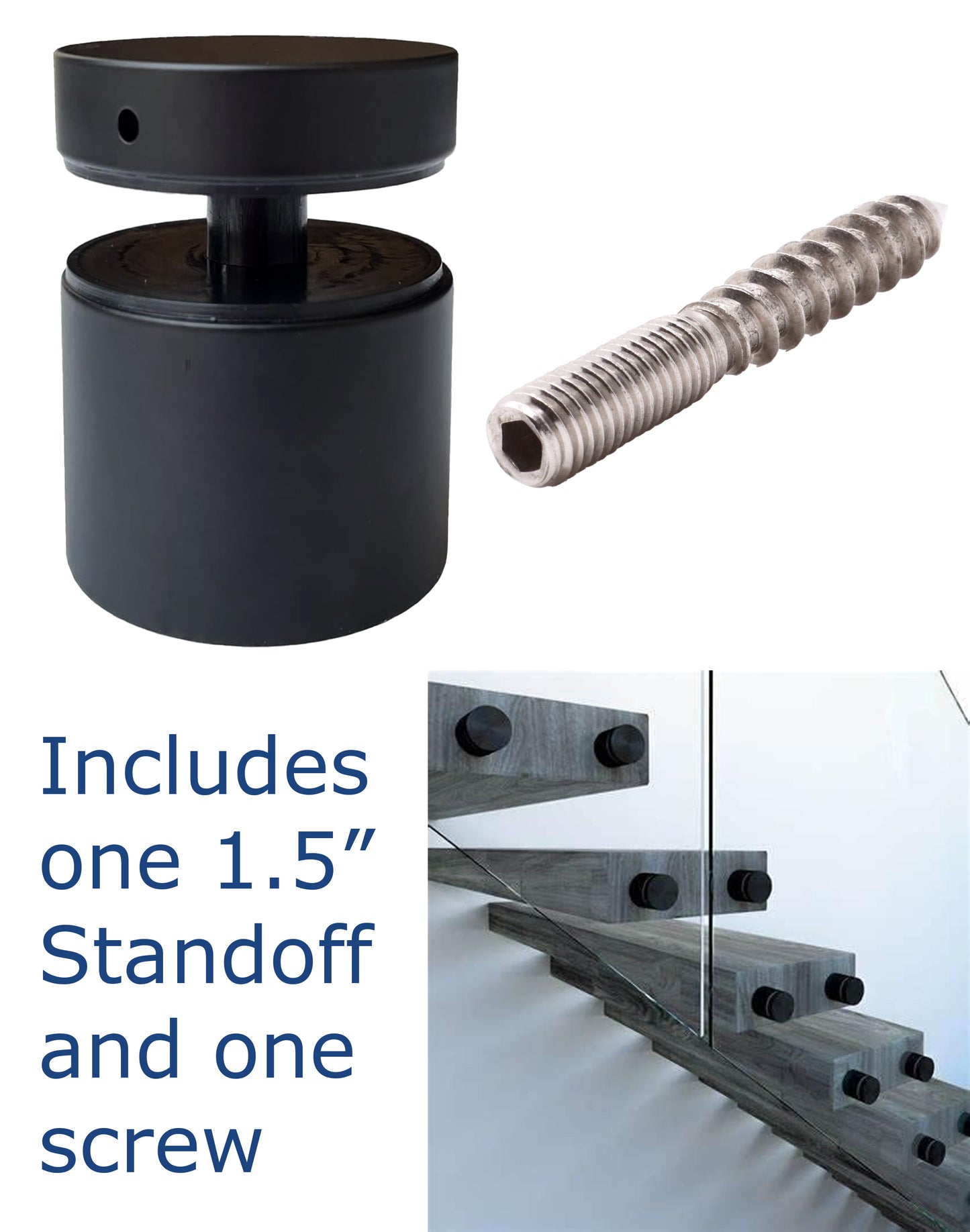 Solid Standoff for Glass Railing Adapter 1.5" Dia with screw Black Matte (G1040-150-FIX-BLK)