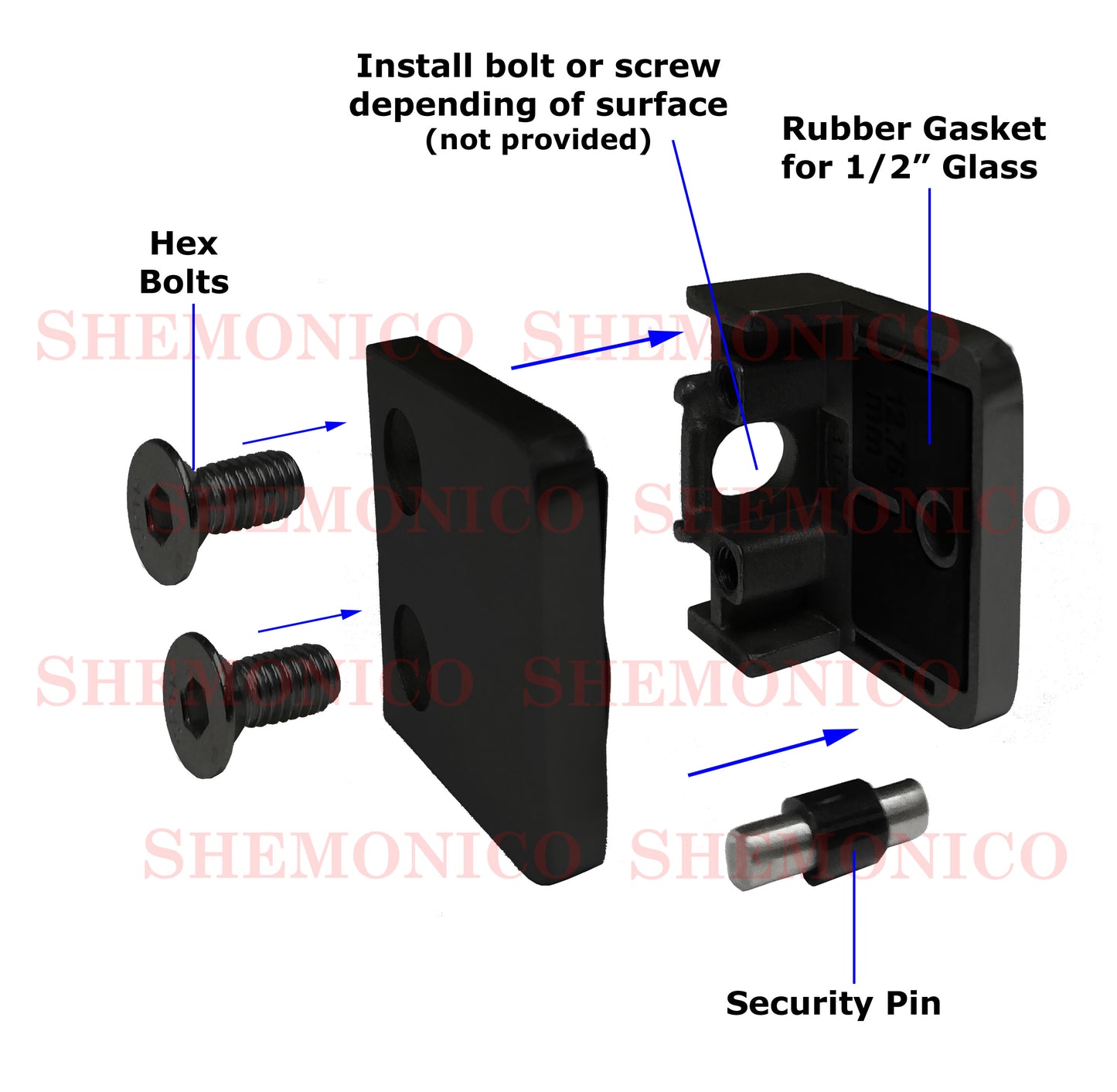 Satin Black 316 Grade Square Flat Post Glass Clamp 2 1/8" x 2 1/8" for 3/8" or 1/2" Glass Satin Finish (G1090-BLK)