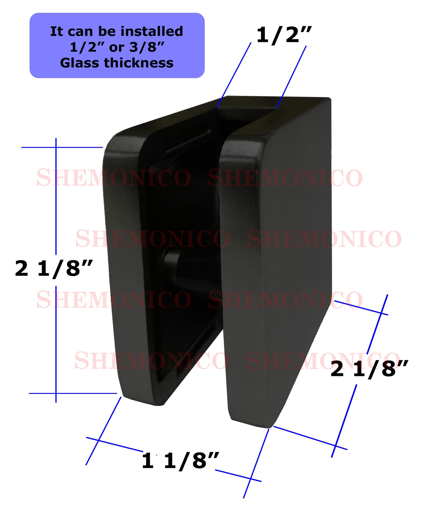 Satin Black 316 Grade Square Flat Post Glass Clamp 2 1/8" x 2 1/8" for 3/8" or 1/2" Glass Satin Finish (G1090-BLK)